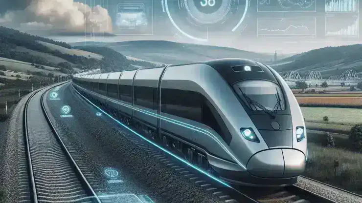 "Renfe presenta su proyecto piloto de trenes con conducción autónoma parcial, mostrando un tren moderno en una vía, simbolizando la innovación en el transporte ferroviario en España."