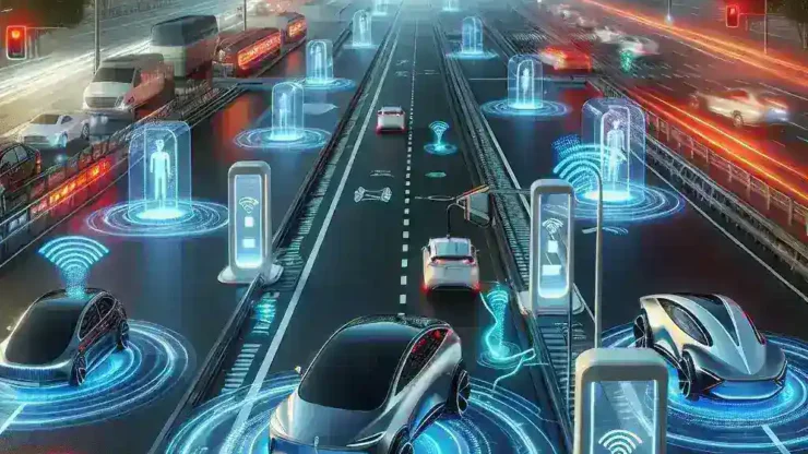 "Imagen de un vehículo eléctrico autónomo circulando por una moderna ciudad con infraestructuras tecnológicas, destacando el futuro de la movilidad sustentable y la innovación en el transporte."