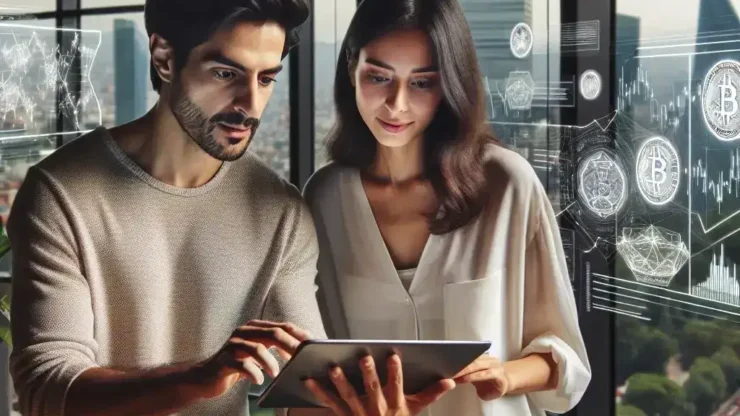 "Fintech mexicana presenta nueva app para microinversiones en criptomonedas, mostrando gráficos de criptomonedas y usuarios interactuando con la aplicación en dispositivos móviles."