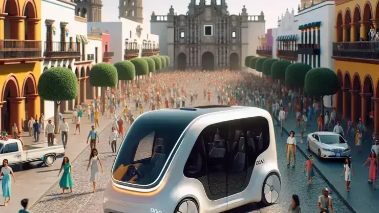 "Primer coche autónomo para transporte público en México, avanzando por una calle urbana - Innovación en movilidad sostenible y transporte inteligente."