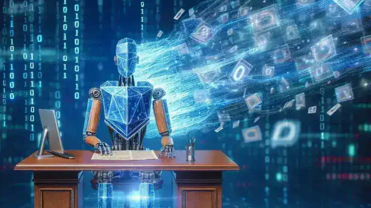 "Journalist analyzing data with AI tools for automated data journalism, showcasing the integration of technology in media"