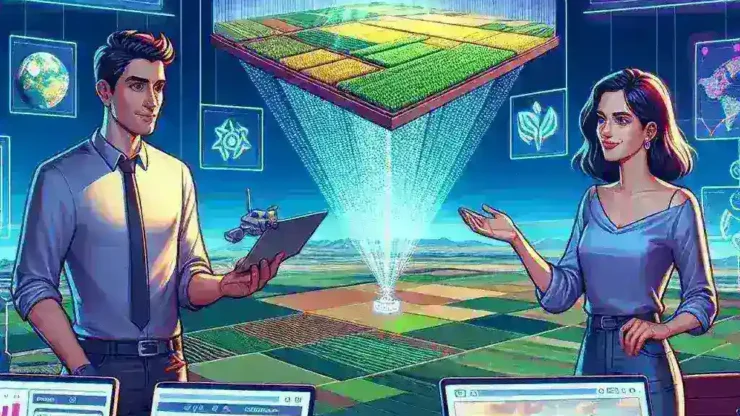 Alt text: "Satellite image showcasing crop monitoring technology developed by Spanish startups, illustrating agricultural fields and advanced satellite systems used for precision farming."