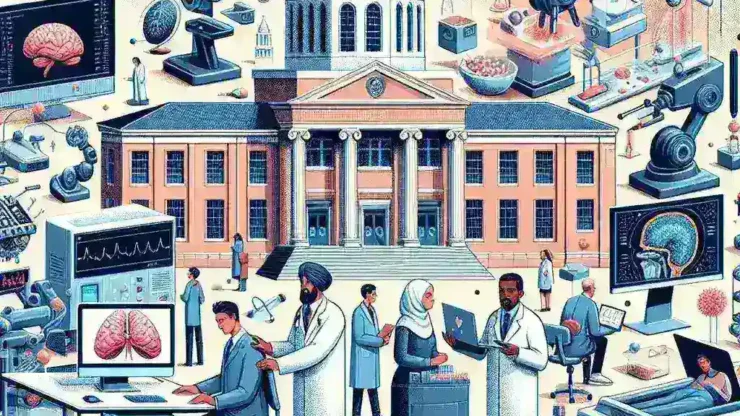 "Estudiantes de la Universidad Complutense trabajando en una plataforma de inteligencia artificial aplicada a la medicina, destacando avances en tecnología médica y educación en innovación."