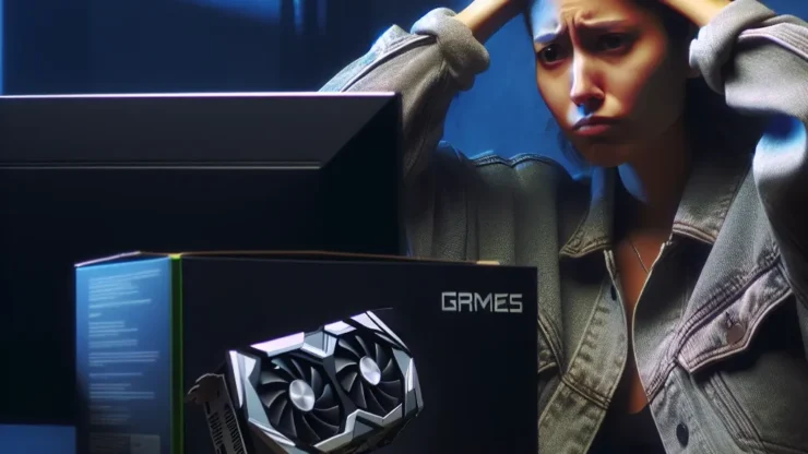 "Jugador frustrado mirando la serie Ryzen 9000 en una tienda de electrónica, reflejando las preocupaciones sobre los retrasos en el lanzamiento y su impacto en los jugadores con presupuesto limitado."